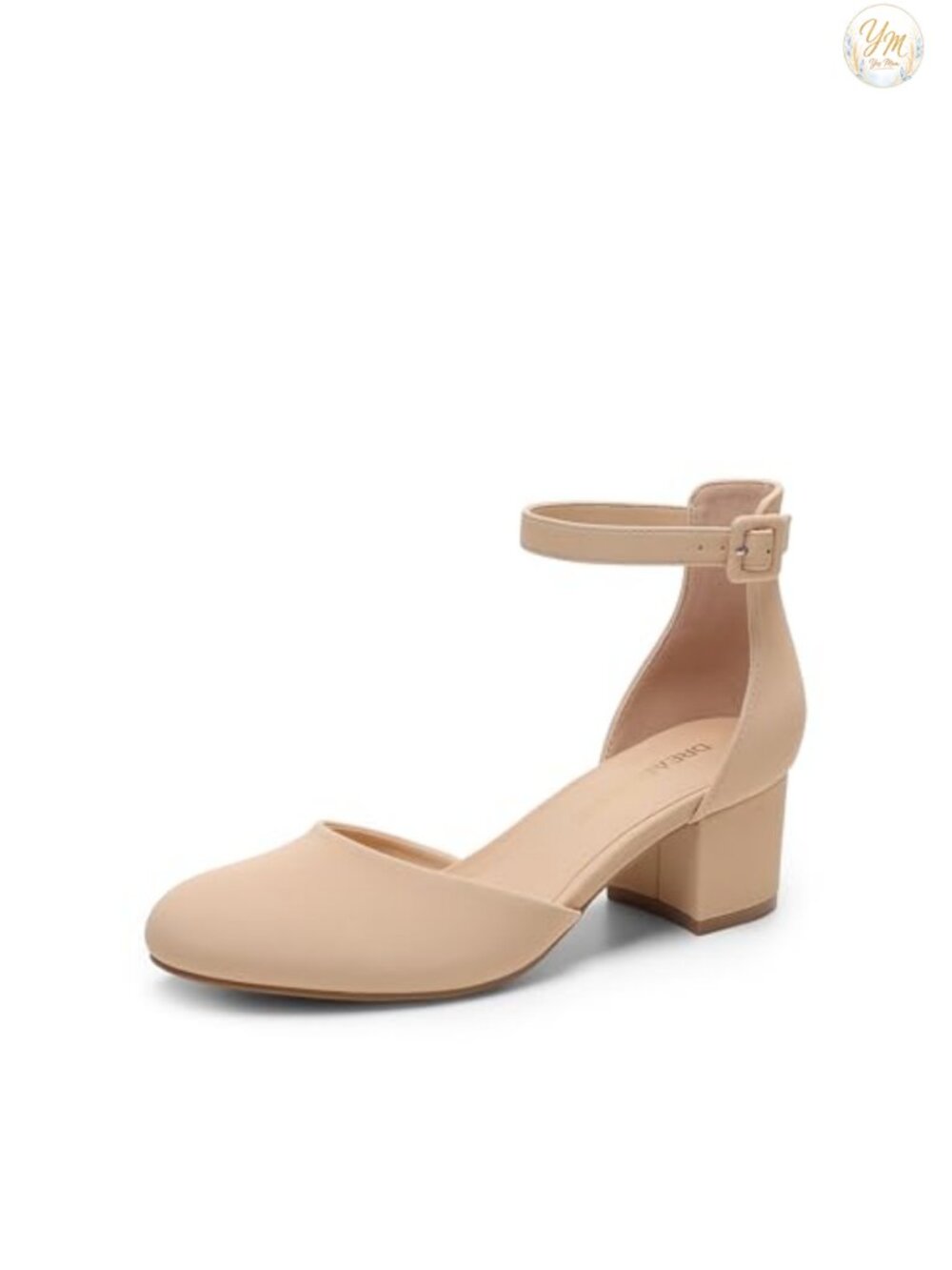 Women's Round Toe Low Block Heel Pumps Faux Leather Ankle Strap